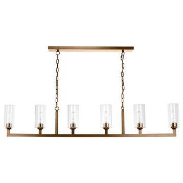Linear 6 Light Chandelier, Antique Brass and Clear Glass