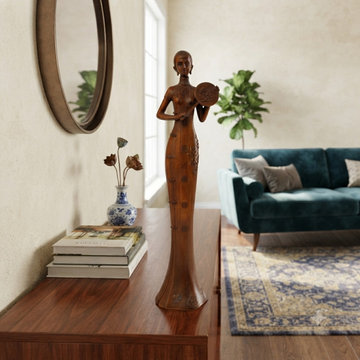 Oriental Brown Wood Carved Slim Artistic Holding Fan Lady Figure ws5019