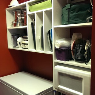 Large contemporary kitchen pantry remodeling - Inspiration for a large contemporary u-shaped kitchen pantry remodel in Louisville with open cabinets and white cabinets