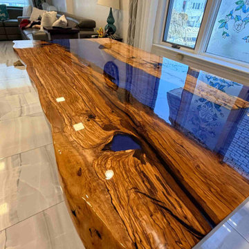 Custom Olive Epoxy Table with Blue Swirl Resin