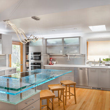 L shaped 3 level cast glass countertops with standoffs