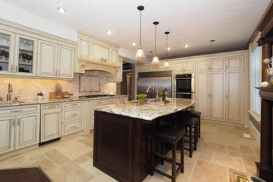 Kitchen - mid-sized kitchen idea in Toronto with white cabinets, wood countertops and white backsplash