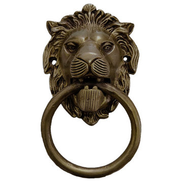 7" Lion Head Door Knocker, Satin Brass Lacquered
