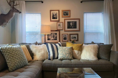 Mid-sized minimalist open concept light wood floor living room photo in Austin with white walls and a tv stand