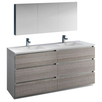 Lazzaro 72" Ash Gray Double Sink Vanity Set, Versa Faucet, Brushed Nickel