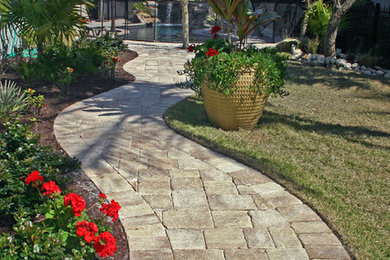 Photo of a tropical backyard garden in Tampa with a garden path and brick pavers.
