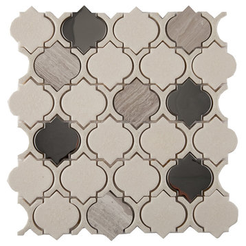 12"x11"Crackled Glass, Stone and Metal Mosaic Tile, Chrome, Arabesque, Set of 5