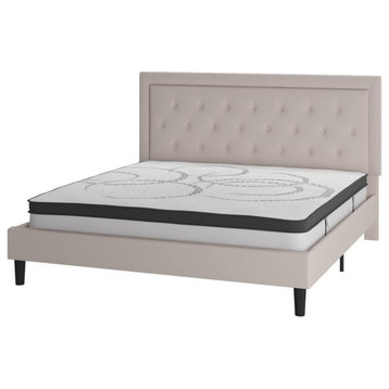 Roxbury King Size Tufted Upholstered Platform Bed in Beige Fabric with 10...