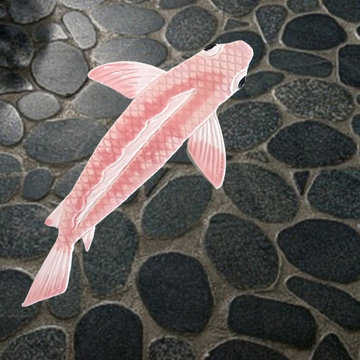 Black, sliced pebble, rock, and stone shower floors with red snapper fish tiles