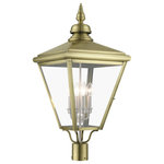 Livex Lighting Inc. - 4 Light Antique Brass Outdoor Extra Large Post Top Lantern, Brushed Nickel - The stylish antique brass finish outdoor Adams extra large post top lantern is a great way to update your home's exterior decor. Flat metal curved arms attach to the solid brass decorative housing while clear glass shows off the brushed nickel finish cluster.