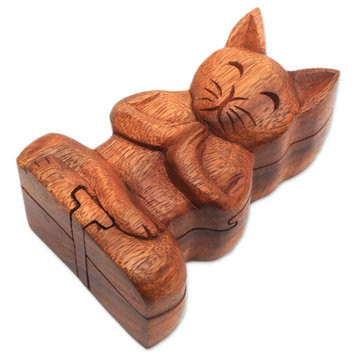 Novica Handmade Meditating Cat Wood Puzzle Box