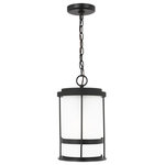 Sea Gull Lighting - Wilburn One Light Outdoor Pendant, Black - With a nod to retro-industrial chic the Wilburn outdoor fixtures wraps a white frosted glass shade in a fun metal cage to create a casual and easygoing look. Offered in Antique Bronze and Black finishes with Etched White glass the assortment includes a one-light outdoor pendant small medium large and extra-large one-light outdoor wall lanterns a one-light out door post lantern and a one-light outdoor ceiling flush mount. Both incandescent lamping and ENERGY STAR-qualified LED lamping are available for most of the fixtures and some can easily convert to LED by purchasing LED replacement lamps sold separately.