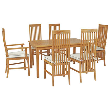 7 Piece Teak Wood West Palm 55" Patio Bistro Dining Set With 2 Arm Chairs and 4