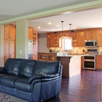 Transitional Natural Cherry Kitchen with Double-tiered Island