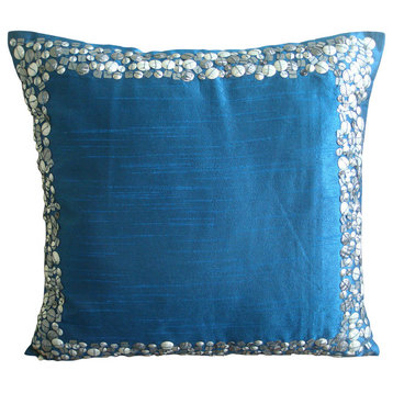 3D Metallic Sequins 24x24 Art Silk Royal Blue Pillow Shams, Royal Blue & Silver