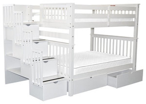 Bedz King Pine Wood Full over Full Stairway Bunk Bed with 2 Drawers in White