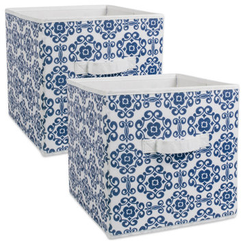 DII 11" Square Polyester Scroll Cube Storage Bin, Blue/White, Set of 2