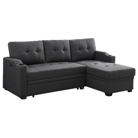 Mabel Fabric Sleeper Sectional With Cupholder, USB and Pocket, Dark Gray, Linen