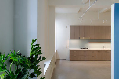 Photo of a large modern single-wall eat-in kitchen in New York with concrete floors, an undermount sink, flat-panel cabinets, light wood cabinets, solid surface benchtops, stainless steel appliances and no island.