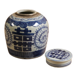 Blue & WhiteChinese Small Blue White Porcelain Double Happiness Ginger Jar - Decorative Jars And Urns