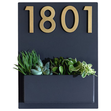 Mid-Century Madness Planter, Grey, Four Brass Numbers
