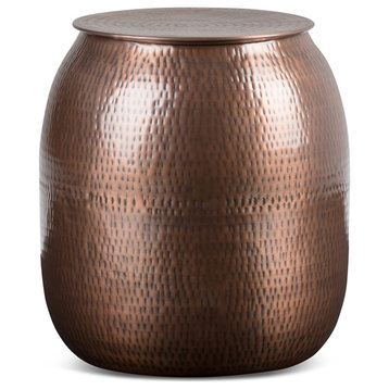 Contemporary End Table, Hammered Drum Shape & Removable Top, Antique Copper