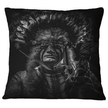 American Indian Tribal Chief Abstract Portrait Throw Pillow, 18"x18"