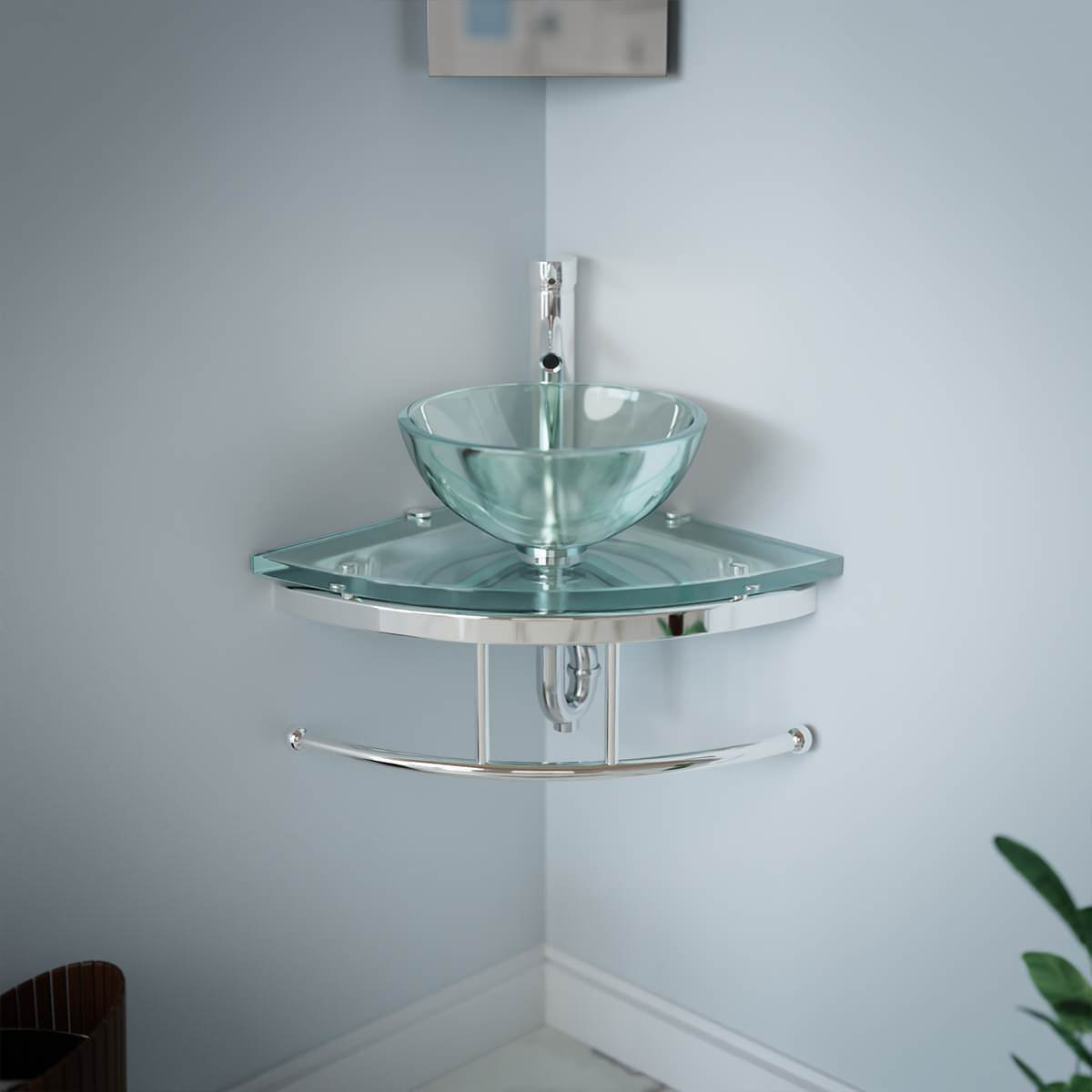 Glass Wall Mount Bathroom Vessel Sink Round Corner with Chrome Faucet ...