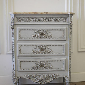 Louis XVI Style Painted and Carved Ribbon Chest of Drawers with Marble Top