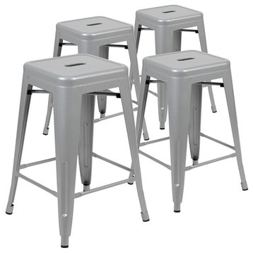 24" High Metal Counter-Height, Indoor Bar Stool, Silver, Stackable Set of 4