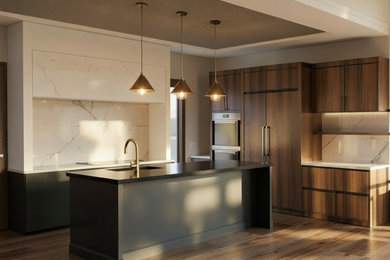 Large minimalist l-shaped black floor open concept kitchen photo in Vancouver with an undermount sink, dark wood cabinets, beige backsplash, stone slab backsplash, paneled appliances, an island and beige countertops