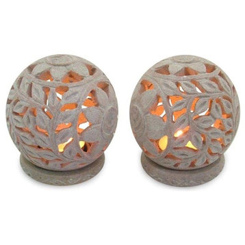 Handmade Sunflowers  Soapstone candleholders (pair) - India