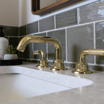 Polished Brass Knurled Faucet & Olive Green Subway Tile Backsplash
