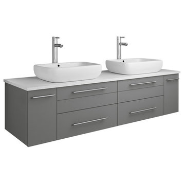 Lucera Wall Hung Bathroom Cabinet With Top & Double Vessel Sinks, Gray, 60"