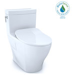 Toto - Toto Aimes OneP Elong 1.28 GPF Toilet With CEFIONTECT and Seat Colonial White - The TOTO Aimes One-Piece Elongated 1.28 GPF Universal Height Skirted Toilet with CEFIONTECT has a bold and modern high-profile design, projecting TOTOs mark of excellence: People Planet Water. The TOTO Aimes features a sleek, one-piece design that will immediately beautify the appearance of your bathroom. The one-piece design is not only aesthetically pleasing, but also offers the benefit of being easier to clean versus a two-piece toilet. By removing the gap between the tank and bowl, we eliminate the hiding place for dirt and debris. An additional benefit of the one-piece toilet is that there is no threat of leaks from bolts or gaskets that can occur in two-piece toilets. The Skirted Design of the TOTO Aimes conceals the trapway, which enhances the elegant look of the toilet and adds an additional level of sophistication. Skirted Design toilets also eliminate the need to reach behind the bowl to clean the nooks and crannies of the exterior trapway. The TOTO Aimes features TOTOs TORNADO FLUSH, a hole-free rim design with dual-nozzles that creates a centrifugal washing action that assists in rinsing the bowl more efficiently. This version of the TOTO Aimes includes CEFIONTECT, a layer of exceptionally smooth glaze that prevents particles from adhering to the ceramic. This feature, coupled with TORNADO FLUSH, assists to reduce the frequency of toilet cleanings, minimizing the usage of water, harsh chemicals, and time required for cleaning. The TOTO Aimes is designed in TOTOs Universal Height, which allows for a more comfortable seat position across a wide range of users. This version of the Aimes offers TOTO T40 WASHLET+ compatibility for when you are ready to upgrade. WASHLET+ toilets feature a channel on the bowl surface to help conceal your WASHLET+ supply line and power cord for seamless integration. The Aimes comes ready for install into a 12" rough-in, but may be adapted for a 10" or 14" rough-in with the purchase of a separately sold adapter. The Aimes is ADA compliant and meets the standards for EPA WaterSense, and Californias CEC and CALGreen requirements. The TOTO Aimes has a left-hand chrome trip lever and includes TOTO's brand new ultra slim SoftClose seat, SS234. Additional items needed for installation and use must be purchased separately: wax ring, toilet mounting bolts, and water supply lines.