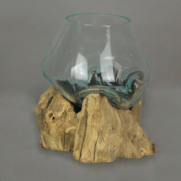 Molten Glass On Teak Driftwood Decorative Bowl/Vase/Terrarium Planter Home Deco
