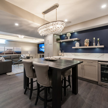 A basement with a hue of blue and sparkle