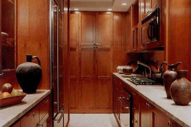 Enclosed kitchen - mid-sized traditional galley ceramic tile enclosed kitchen idea in New York with an undermount sink, shaker cabinets, dark wood cabinets, soapstone countertops and stainless steel appliances