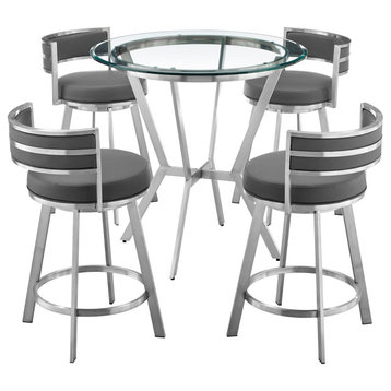 Naomi & Roman Dining Set, Brushed Stainless Steel and Gray Faux Leather, 5 Piece Set
