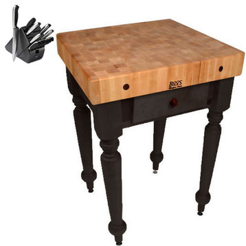 John Boos CUCR04 30x24 Rustica Table & Henckels Knife Set, Black, No Shelf