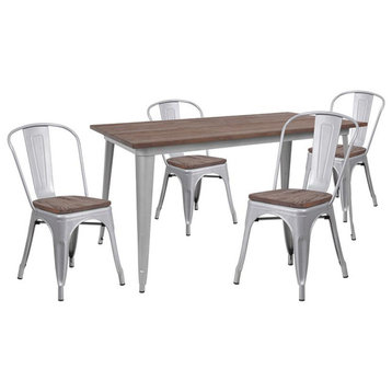 30.25 x 60 Silver Metal Table Set with Wood Top and 4 Stack Chairs