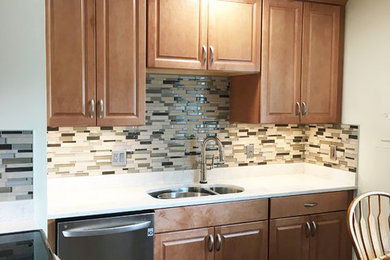 Small elegant l-shaped dark wood floor and brown floor enclosed kitchen photo in Denver with a double-bowl sink, raised-panel cabinets, light wood cabinets, quartzite countertops, multicolored backsplash, matchstick tile backsplash, stainless steel appliances and no island