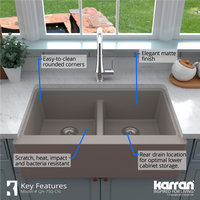 Karran Farmhouse Apron Front Quartz 34" Double Bowl Kitchen Sink, Concrete