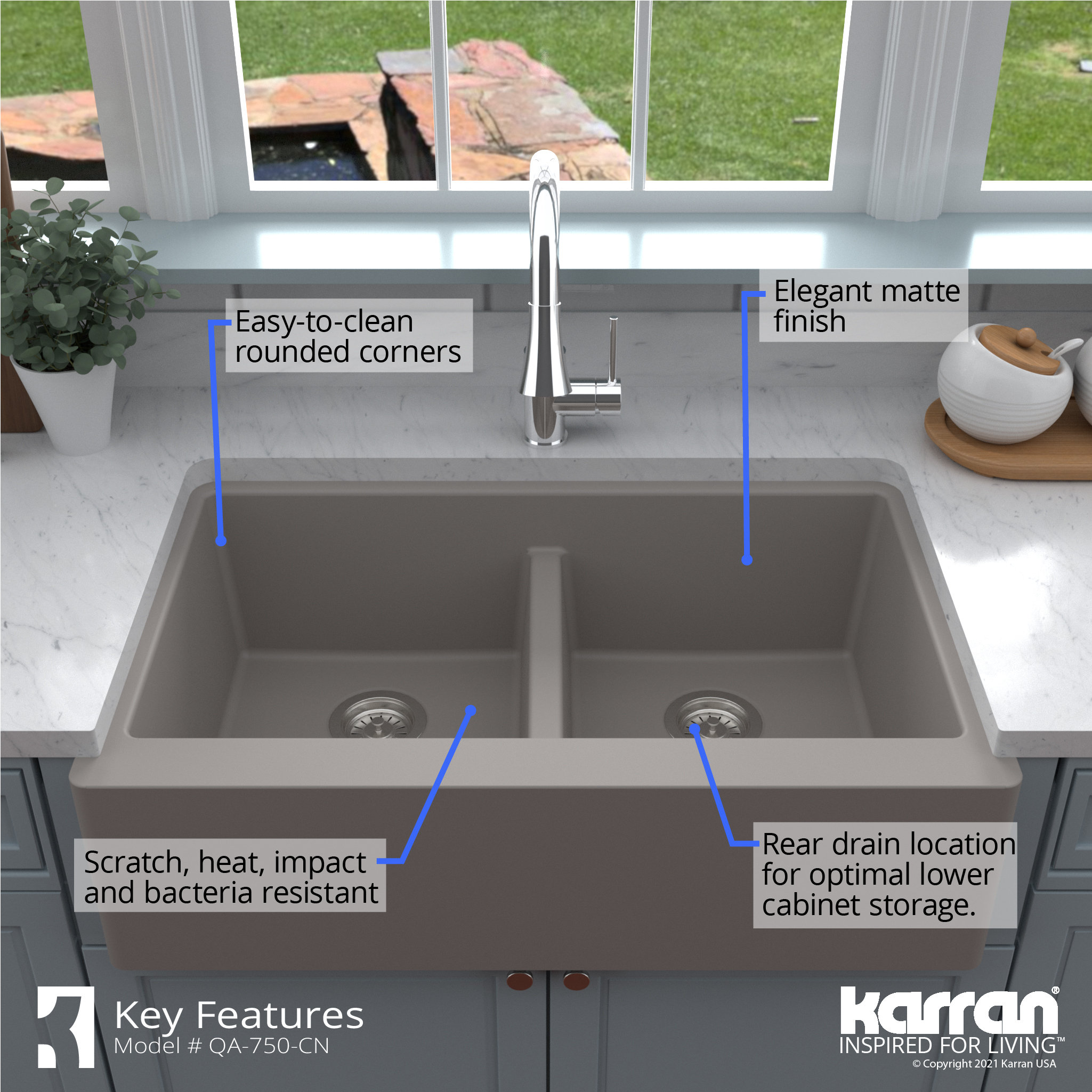 Karran Farmhouse Apron Front Quartz 34" Double Bowl Kitchen Sink, Concrete