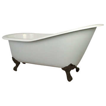 61" Cast Iron Slipper Clawfoot Tub w/7" Faucet Drillings, White/Naples Bronze