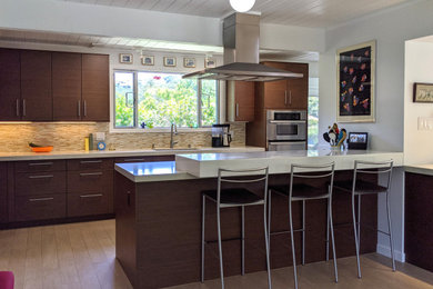 Kitchen - mid-sized mid-century modern galley porcelain tile kitchen idea in San Francisco with dark wood cabinets, quartz countertops, brown backsplash, matchstick tile backsplash, stainless steel appliances and white countertops