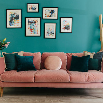 Teal and pink family living room