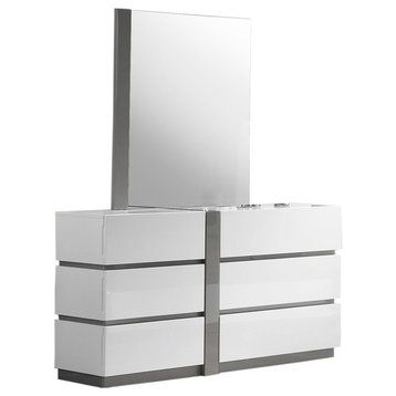 Seville Modern 6-Drawer White Dresser, With Mirror