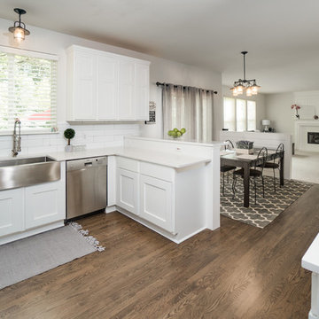 Custom cabinet doors, Backsplash, Quartz Countertops & Refinished Hardwood floor