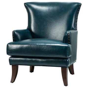 Classic Wooden Upholstered Leather Armchair, Turquoise